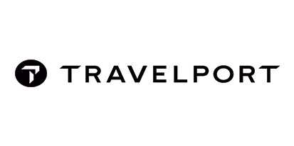 Logo TravelPort. A la derecha se encuentra un ícono de una T en un círculo y la derecha en letras dice Travelport